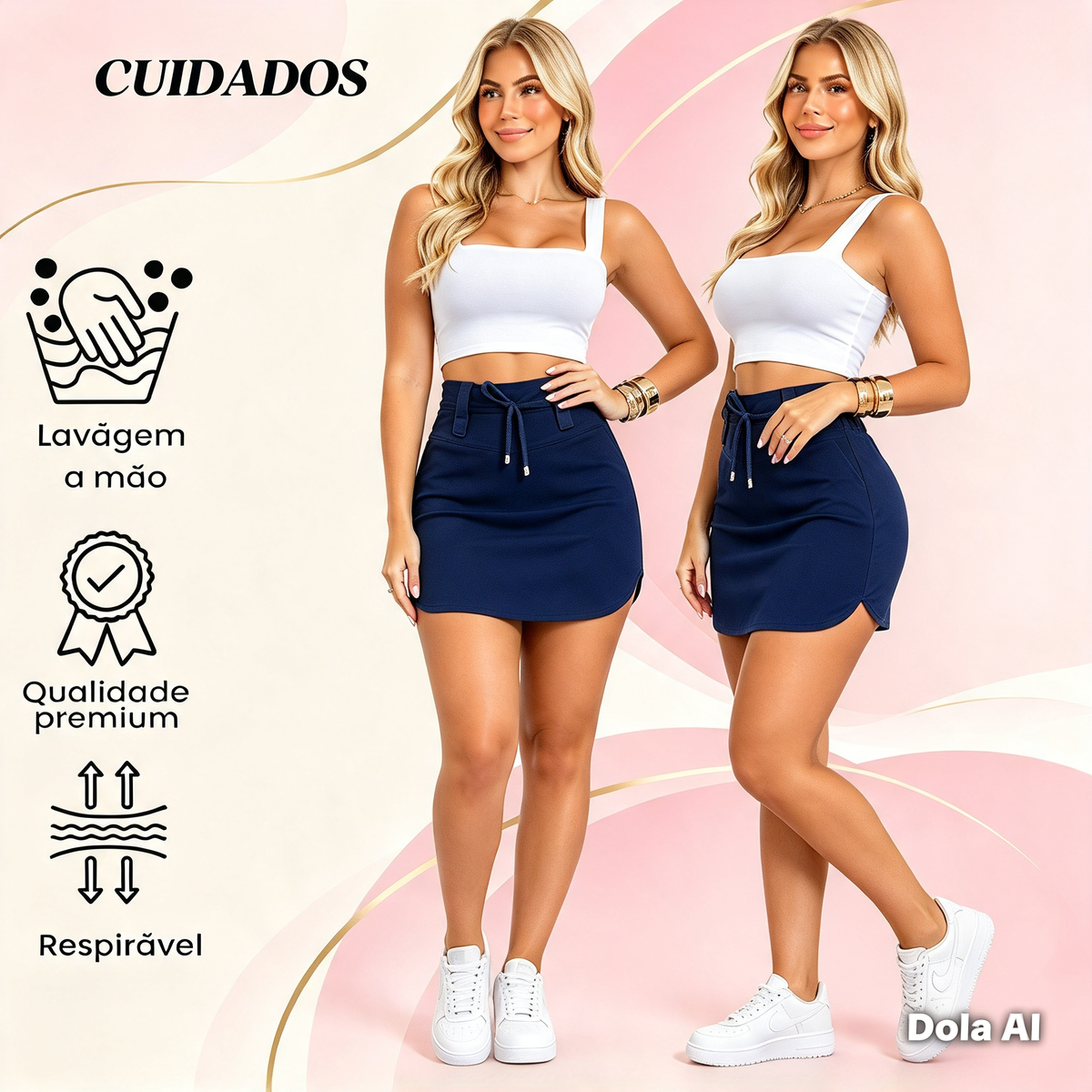 ✅ Dupla função: Saia Shorts Linho Azul Marinho,