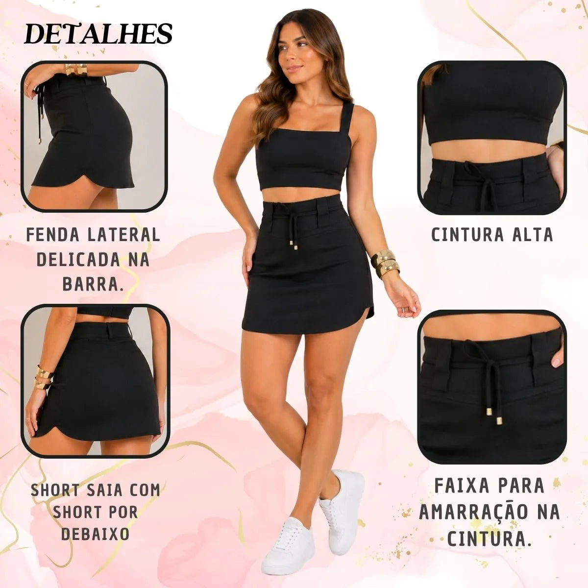 ✅ Dupla função: Saia Shorts Linho. Cor Preta.