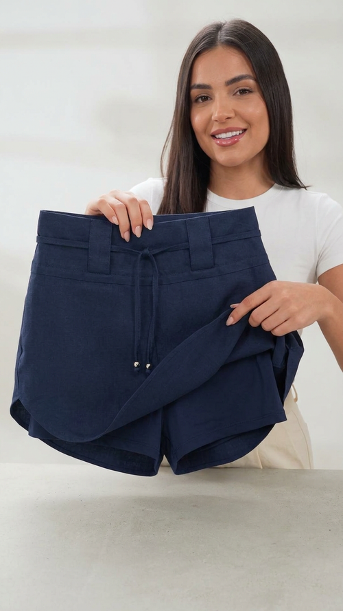 ✅ Dupla função: Saia Shorts Linho Azul Marinho,